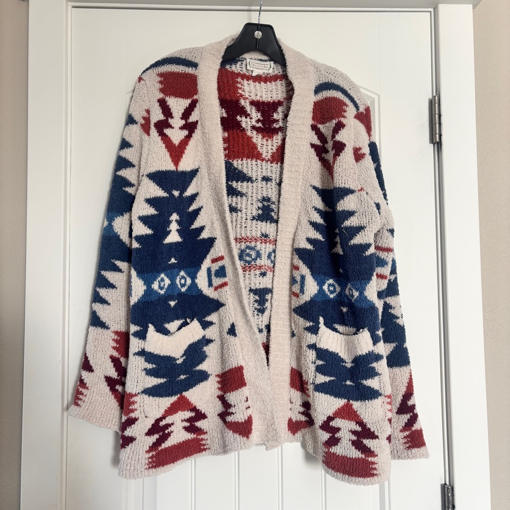 Love Riche Geometric Open Cardigan - Red, Blue, Cream